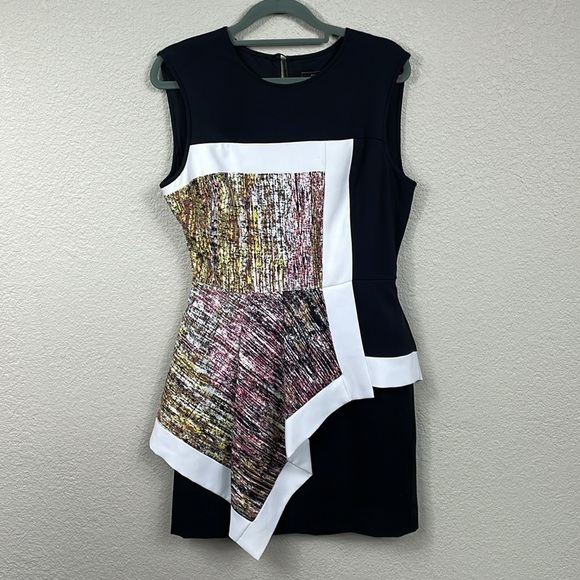 BCBGMaxAzria Alessandra Peplum Abstract Mini Dress Black Multi Sleeveless Sz 8 - Picture 4 of 16